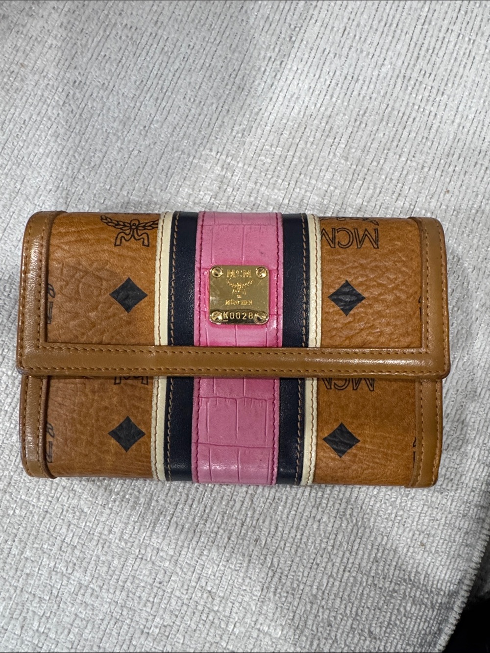 MCM Tan Wallet with Pink and Black Center Stripe